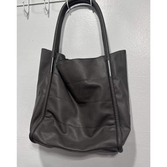 NEIMAN MARCUS Tote Bag Dark Gray Faux Pebbled Vegan Leather Shoulder Purse Large - Picture 3 of 12